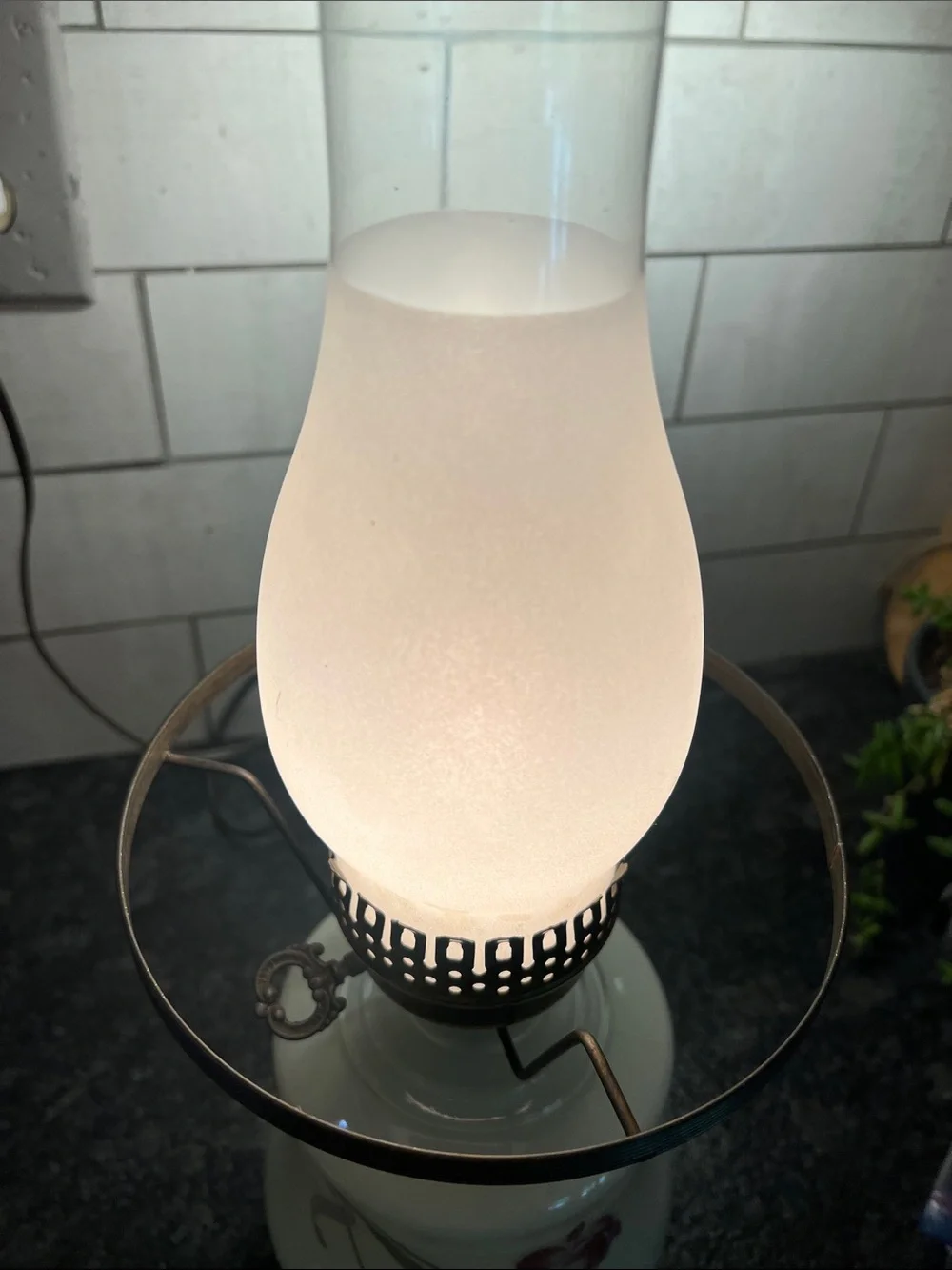 Milk Glass Vintage Hurricane Lamp – purple flowers. Nightstand or side table use